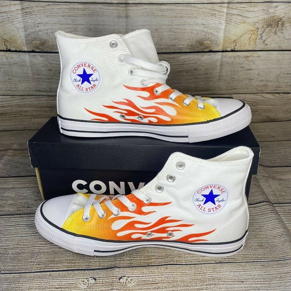 Converse Chuck Taylor All Star Hi Flames Size 9.5 White Red Yellow Shoes 166257F